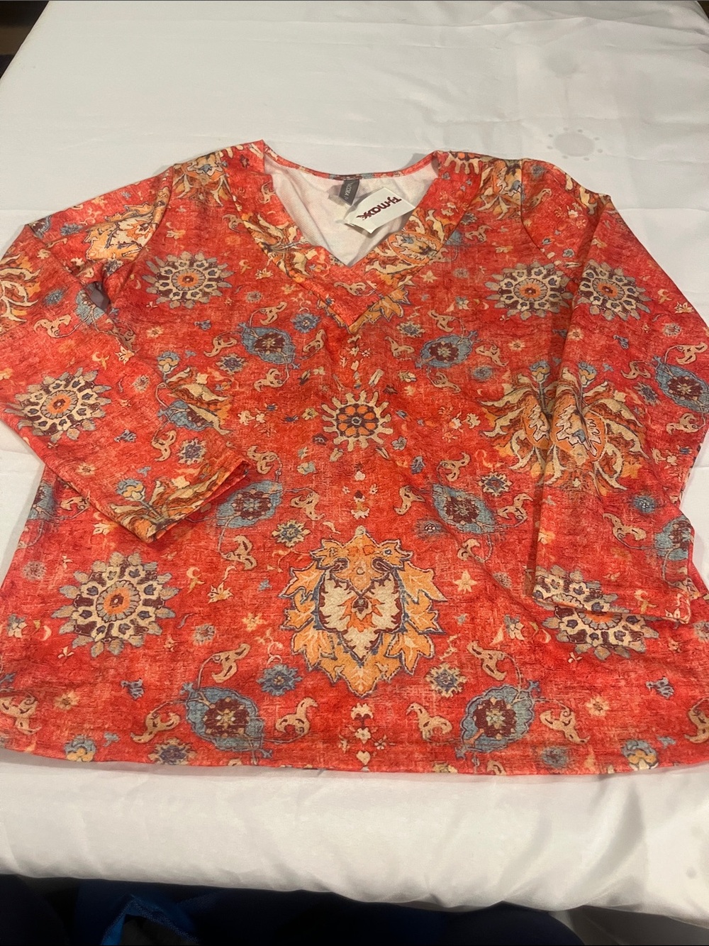 V-Neck Orange Floral Medallion Tunic